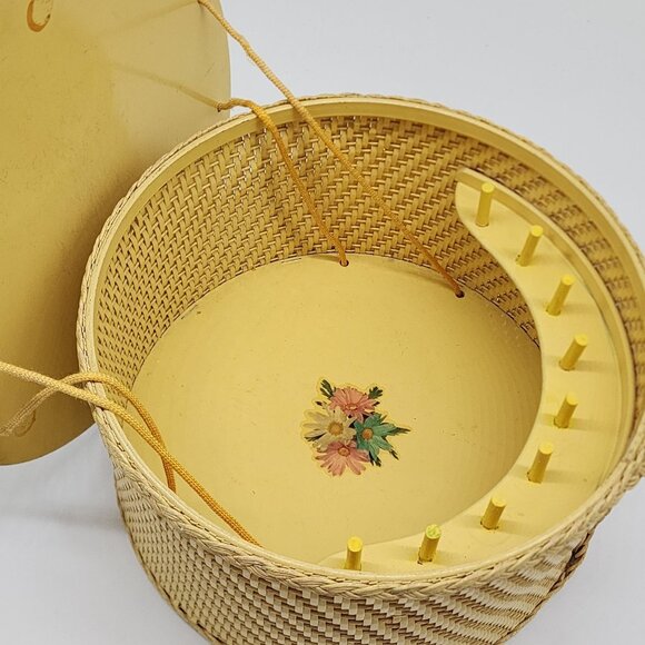 Yellow Wicker Sewing Basket Box with Lid and Spool Holder by Princess 6.25" High - Picture 1 of 11